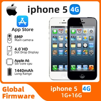 Употребявани Оригинални Apple iPhone 5 Отключени Мобилен телефон iOS 16/32/64 GB Сребристо-Черен вариант 4.0 