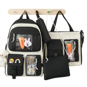 Училищен раница Естетически комплект от 4 на предмети, училищен раница естетически, чанта през рамо с голям капацитет с пин-Kawaii и