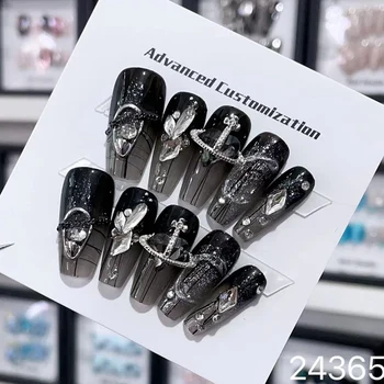 Черен маникюр ръчно изработени Y2k в луксозен пънк-дизайна, за Многократна употреба лепило режийни нокти, френски дълъг акрилен маникюр